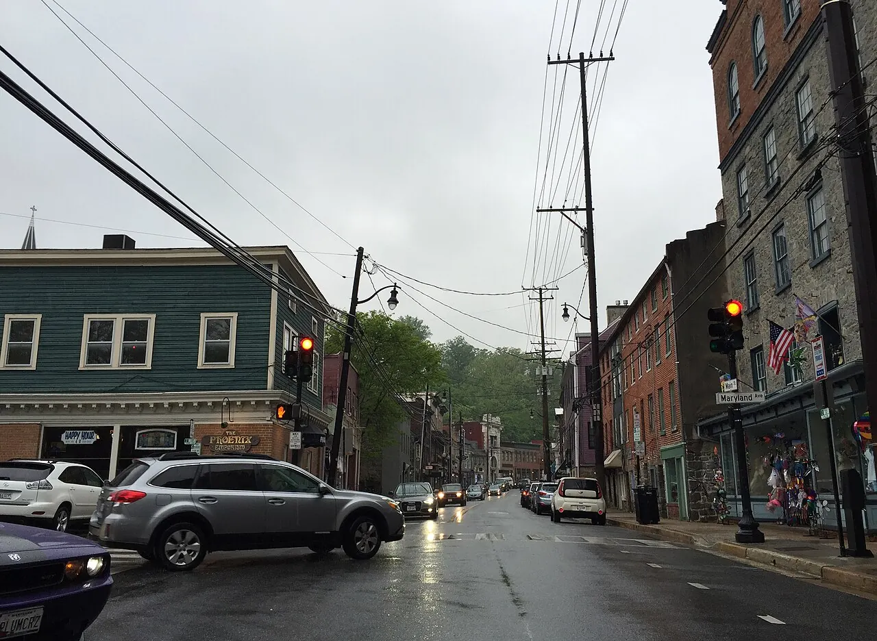 Ellicott City – Ellicott City, Maryland: 17 18 40 View west along Main Street near Mulligans Hill Lane in downtown Ellicott City, Howard County, Maryland